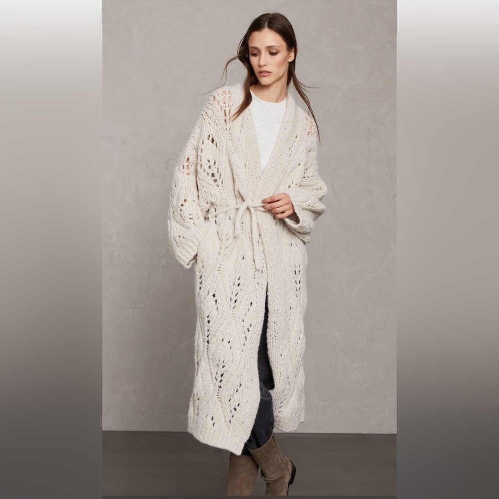 Brunello Cuccinelli Alpaca lace effect long belted Sz M beige cardigan sweater